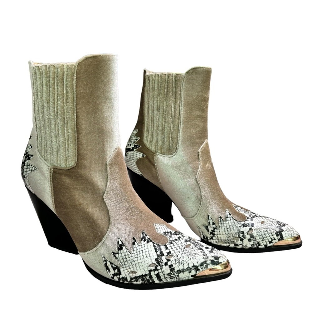 Ego Western booties in nude velvet, black,  snakeskin gold metallic toe size 9